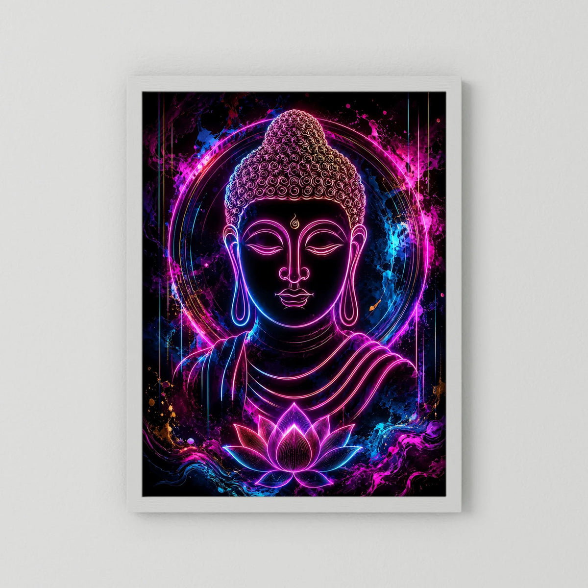 Neon-Buddha-Kunstwerk im weißen Rahmen, violett-blauer Buddha mit Lotus in Neon