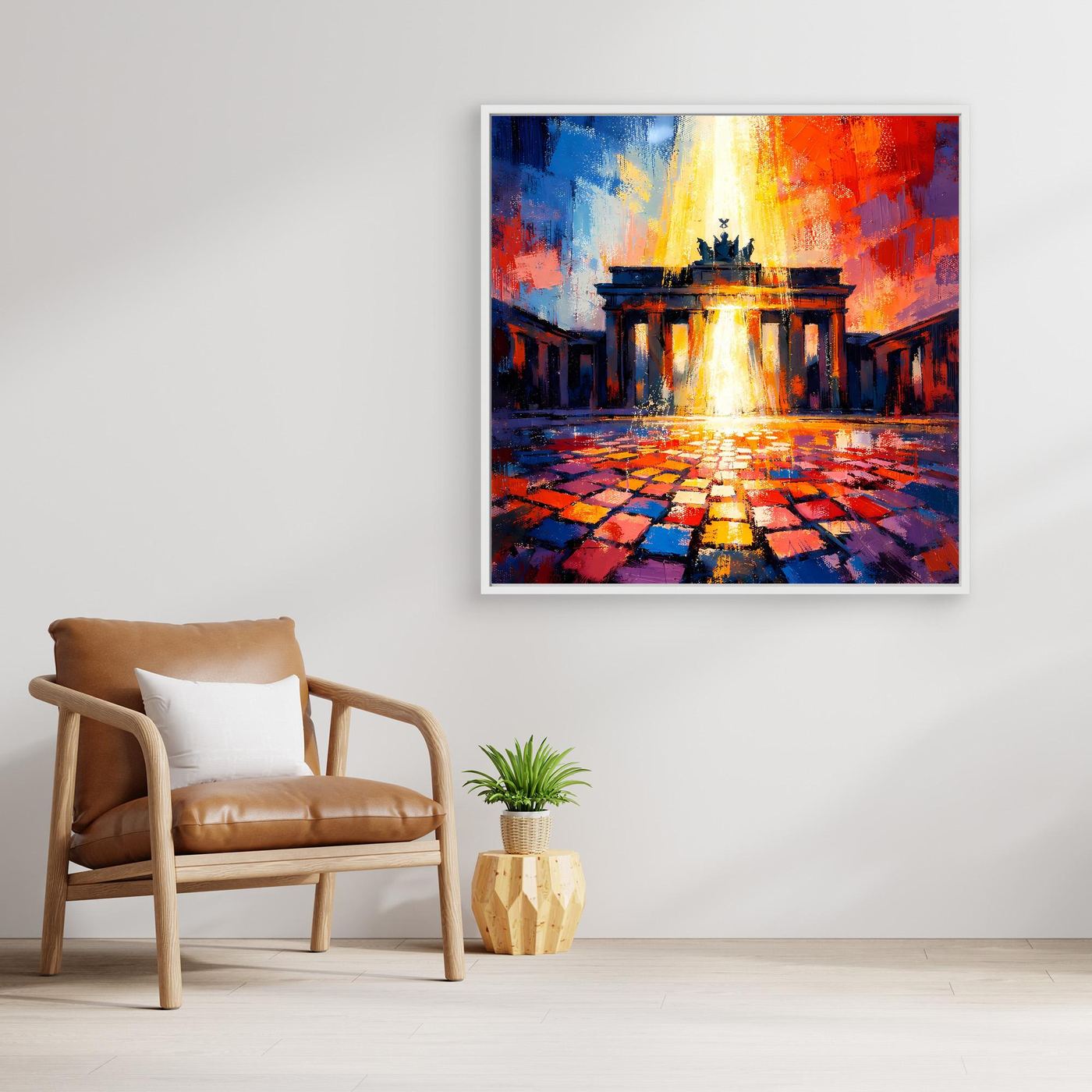 Abstraktes Wandbild mit Brandenburger-Tor im Lichtermeer-Look, farbenfroher Farbverlauf, gerahmt