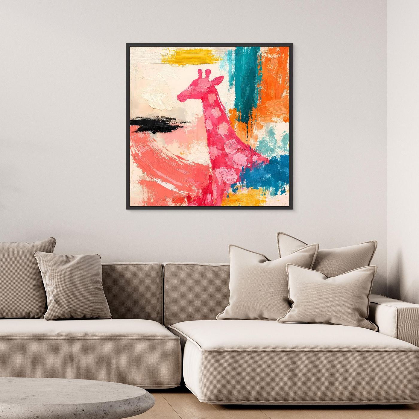 Gerahmtes Leinwandbild mit abstrakter Giraffe im Pop-Art-Stil, pinke Figur vor buntem Hintergrund