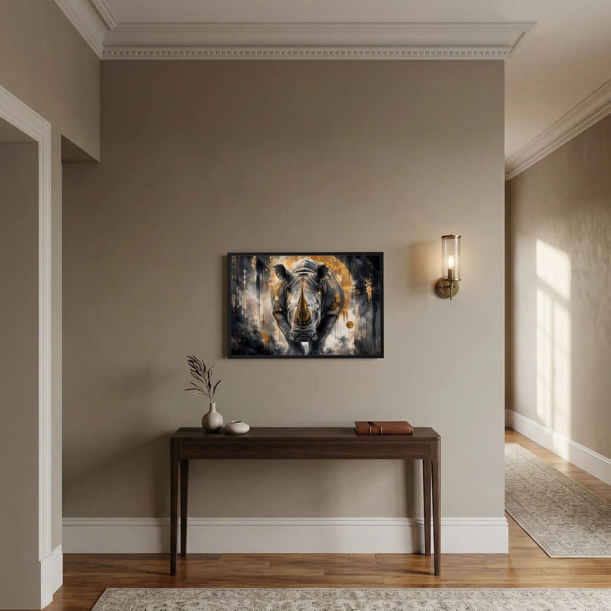 Abstraktes Nashorn-Poster (Querformat) im schwarzen Rahmen, goldene Sprenkel-Optik
