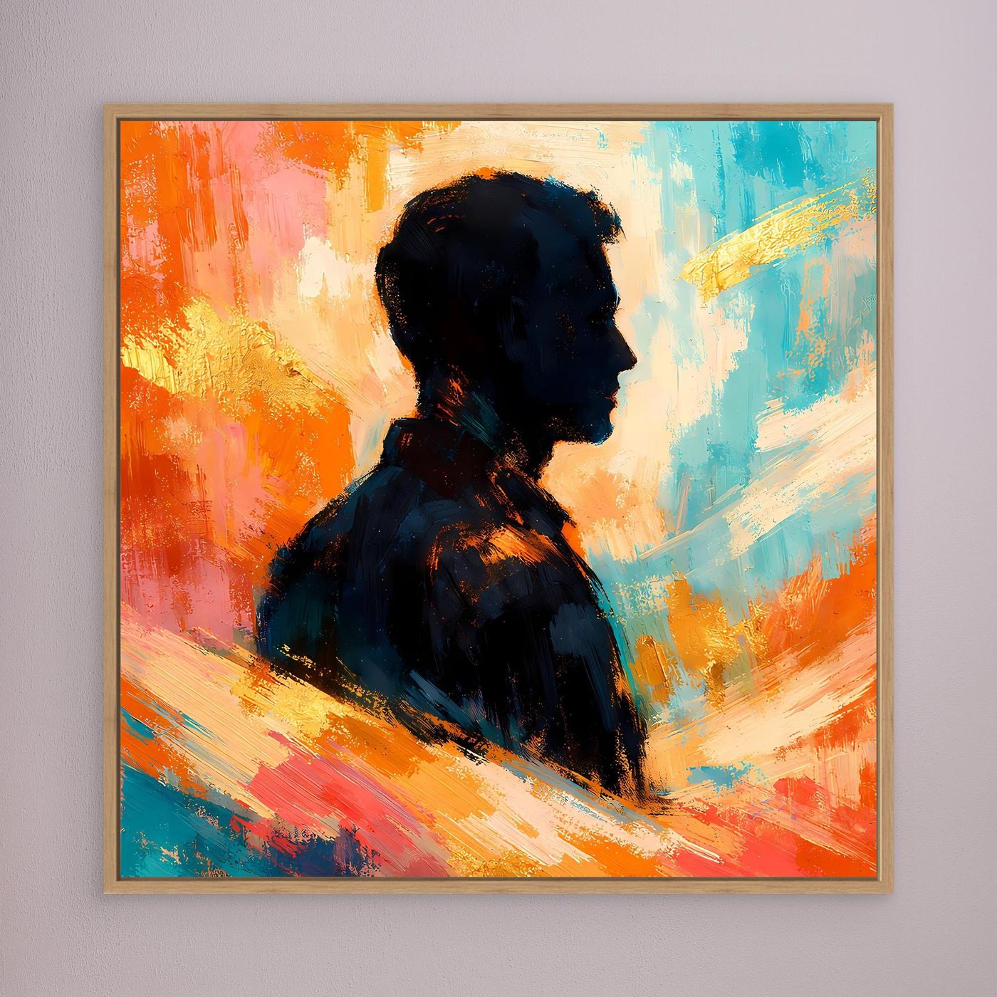 Leinwandbild mit Holzrahmen und abstrakter Silhouette eines Mannes in Blau-Orange