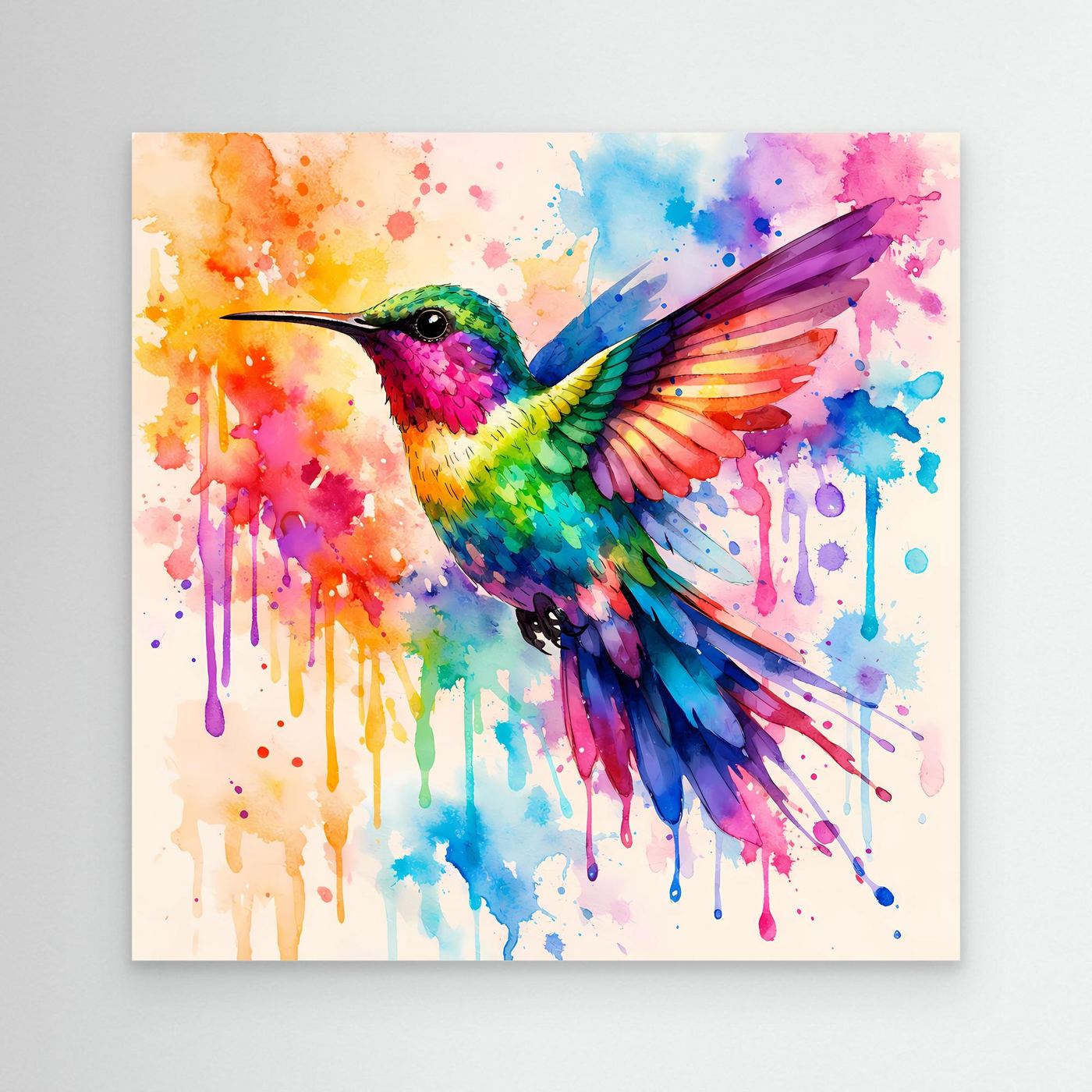 Leinwandbild Kolibri, buntes Aquarell-Vogelmotiv ohne sichtbaren Rahmen