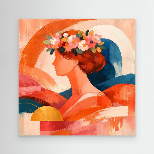 Leinwandbild, abstraktes Frauenporträt im Profil mit Blumen im Haar, warmes Orange/Blau.