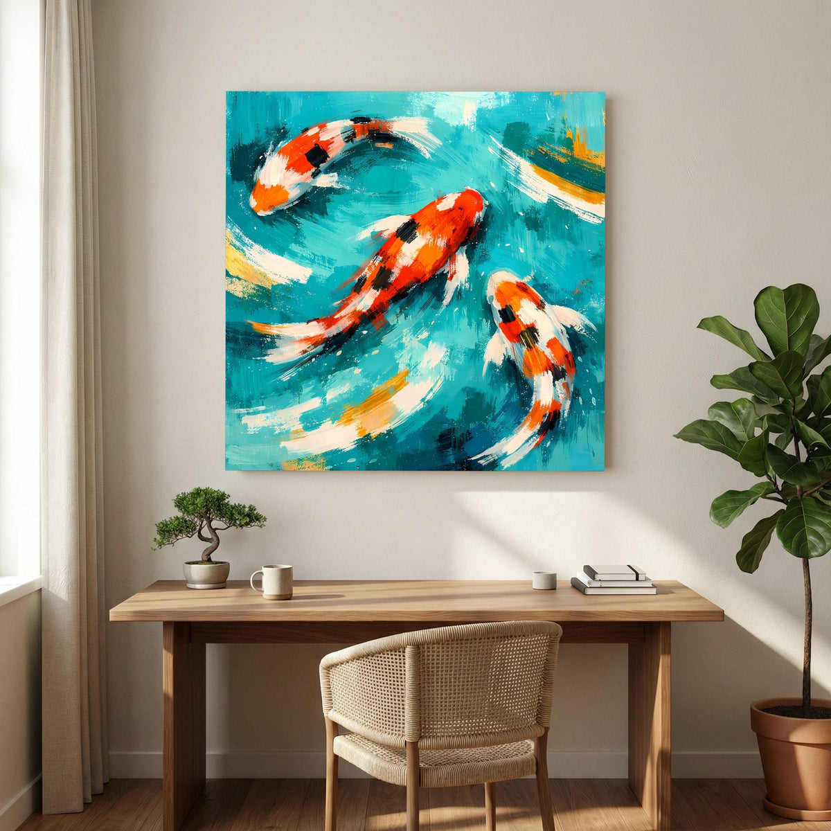 Keilrahmenbild mit drei Koi-Fischen: orange, weiß und schwarz auf türkisfarbenen Pinselwellen
