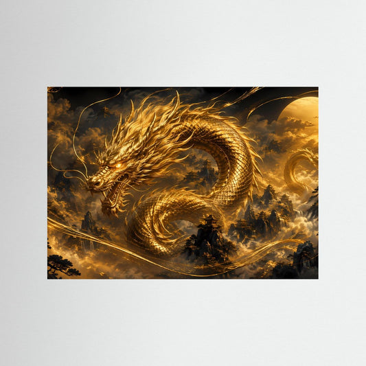 Querformat-Poster: goldener Drache über Tempelbergen, Schwarz-Gold-Fantasy