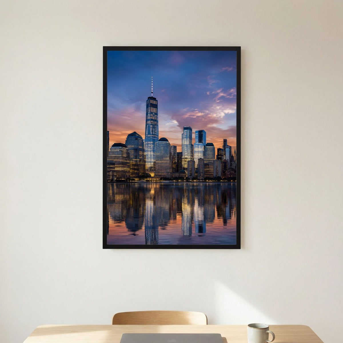Hochformatiges Skyline-Poster im schwarzen Rahmen, Panorama der Skyline mit Wasserreflexion