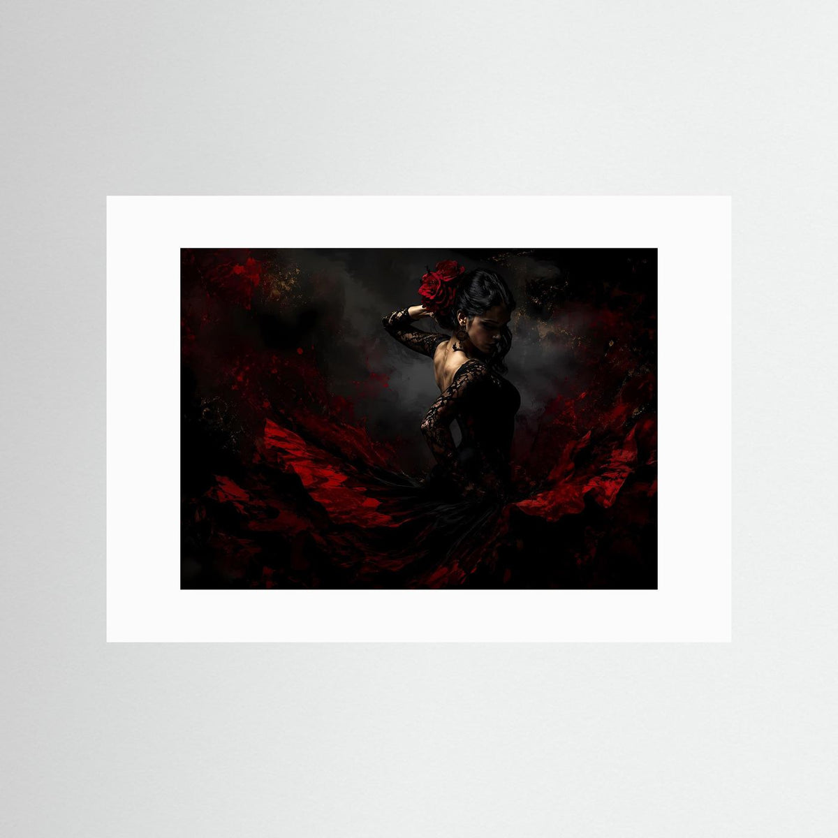 Querformatiges Flamenco-Wandbild mit weißem Passepartout, ohne Rahmen, Rot-Schwarz-Motiv.