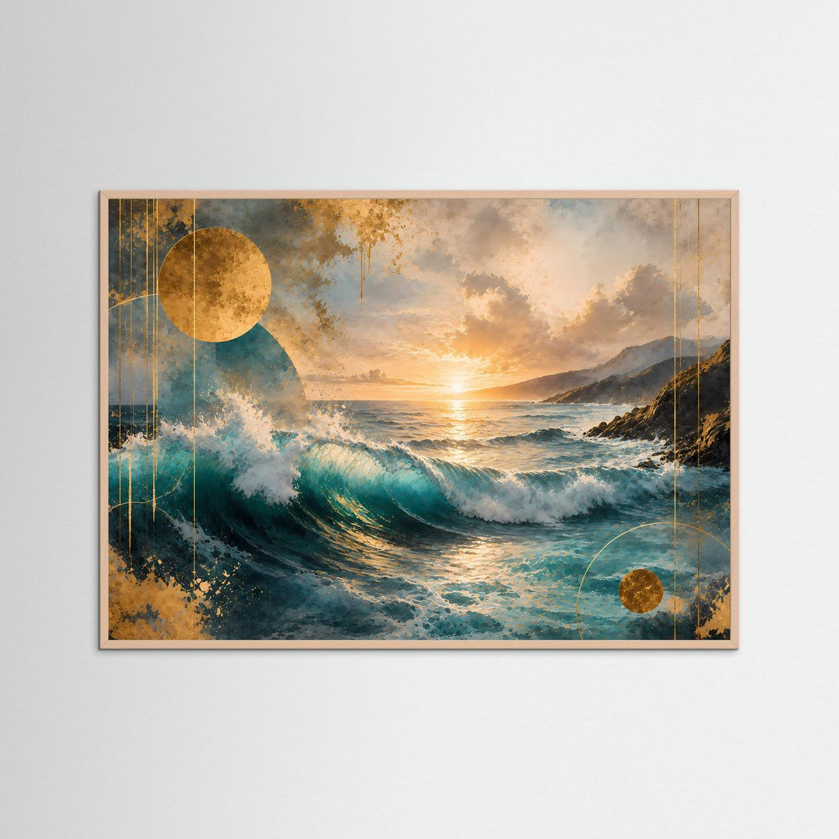 Poster Querformat mit abstrakten Meereswellen in Türkis und Blau, goldene Sonne über dem Meer