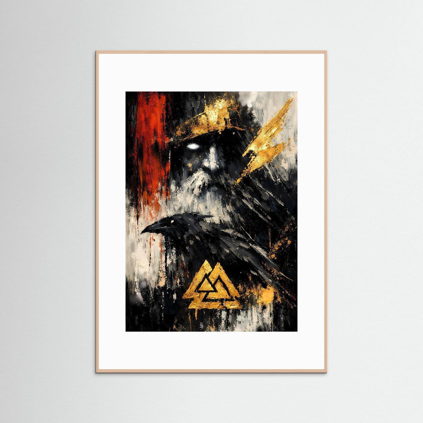 Nordisches Mythologie-Poster mit abstraktem Porträt, Rabe und Runensymbol, roséfarbener Rahmen