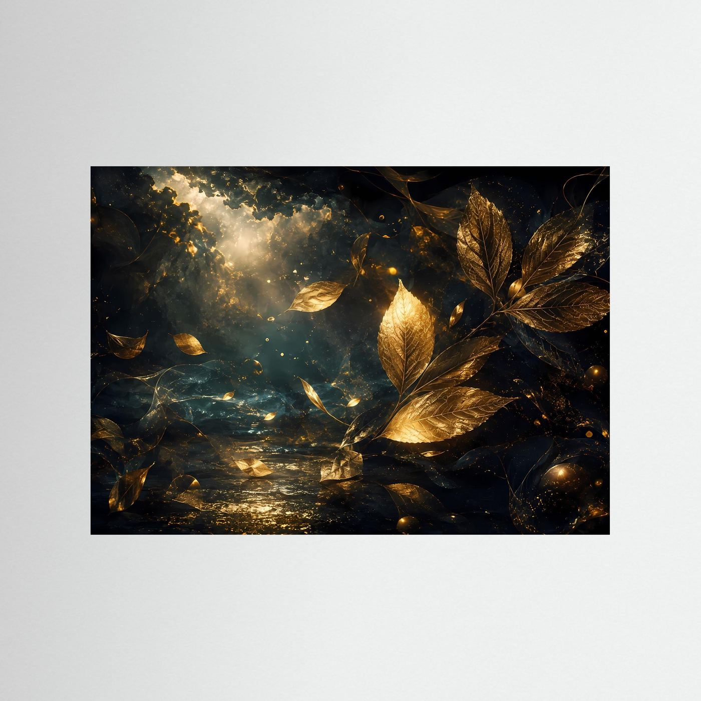 Abstrakte botanische Wandkunst: goldene Blätter und Licht im dunklen Motiv, schwarzer Rahmen