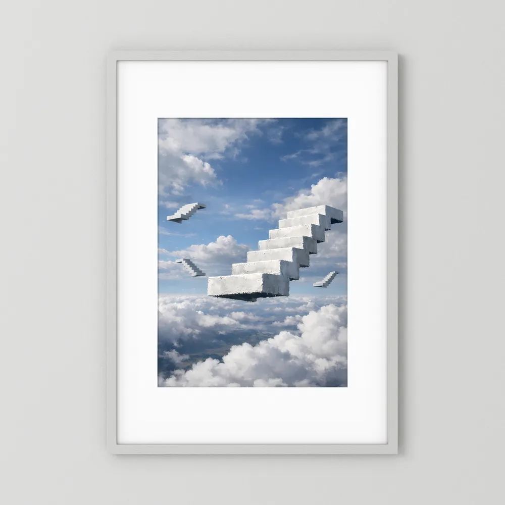 Poster mit schwebender Treppe über Wolken im Hochformat, weißer Rahmen
