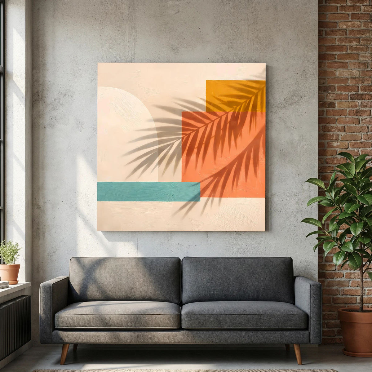 Leinwand Abstrakte Geometrie mit Palmenschatten | Modernes Boho Wandbild Terracotta