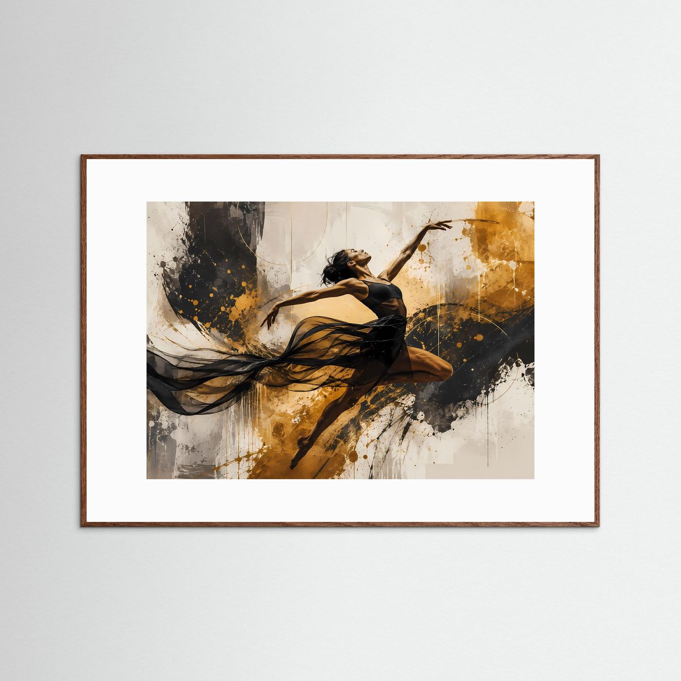 Dynamische Tänzerin in Schwarz, Weiß & Gold | Abstraktes Kunstposter im Querformat | Modernes Wandbild