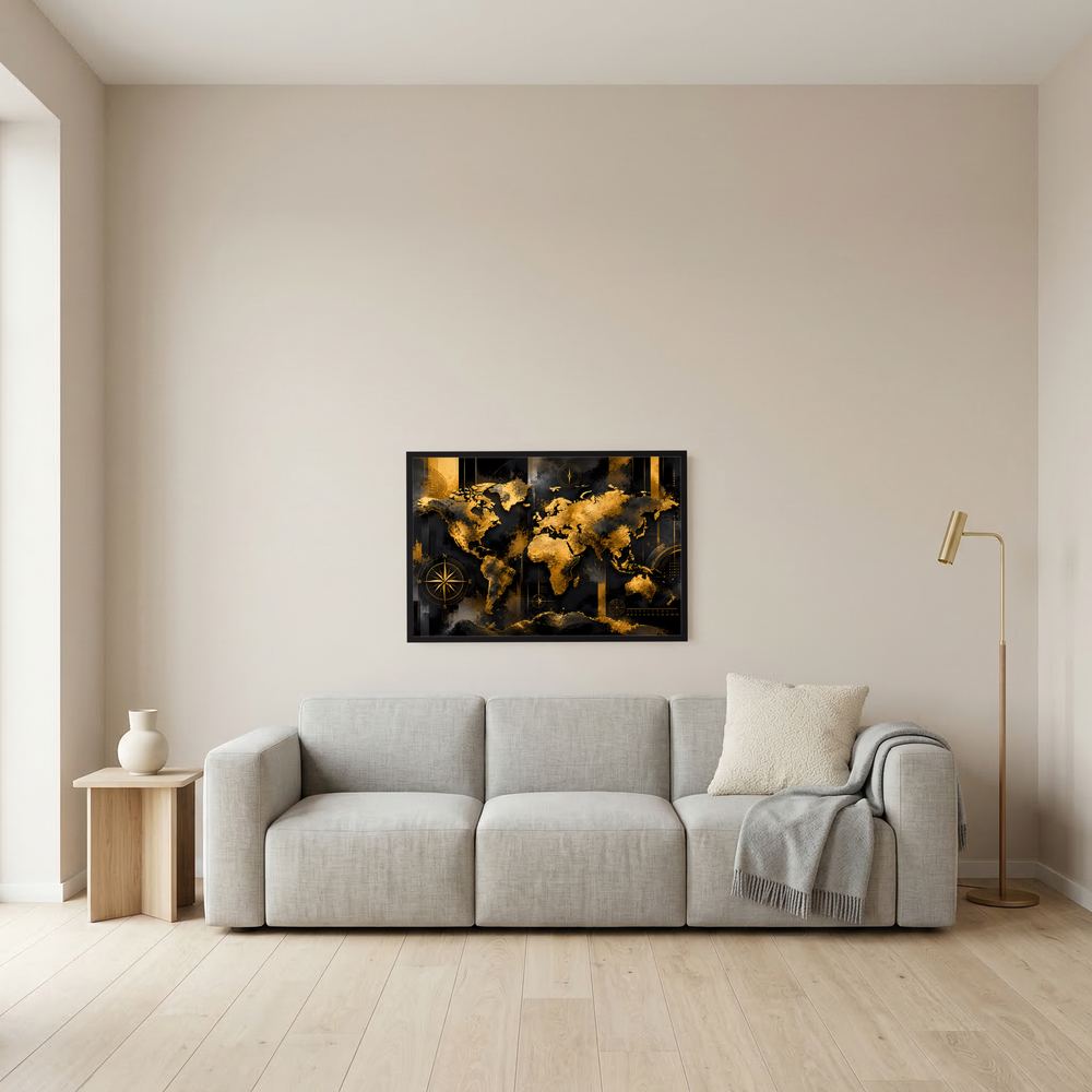 Wandbild mit gerahmter Weltkarte, goldenen Kontinenten und Kompassmotiv auf Schwarz