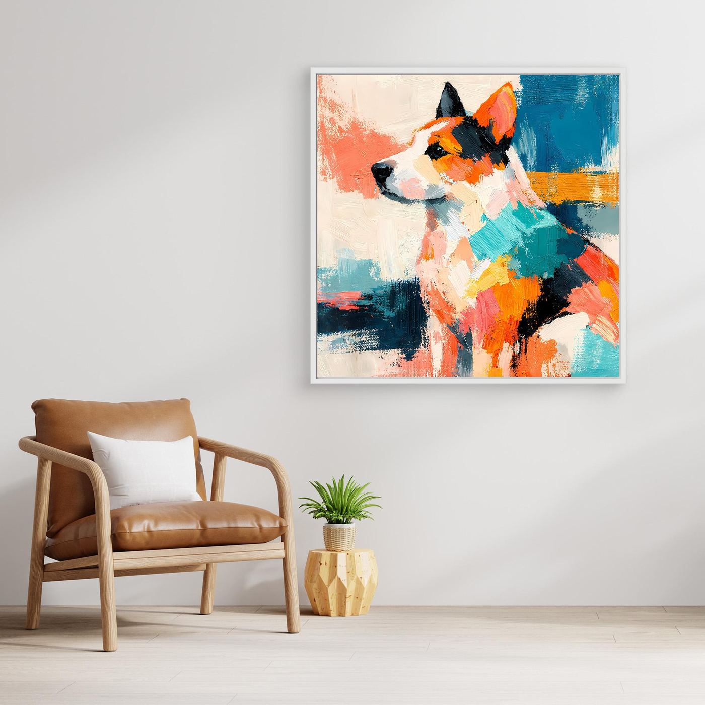 Leinwand-Wandbild mit abstraktem Hund im Pop-Art-Stil, kräftige Farben, quadratisches Motiv
