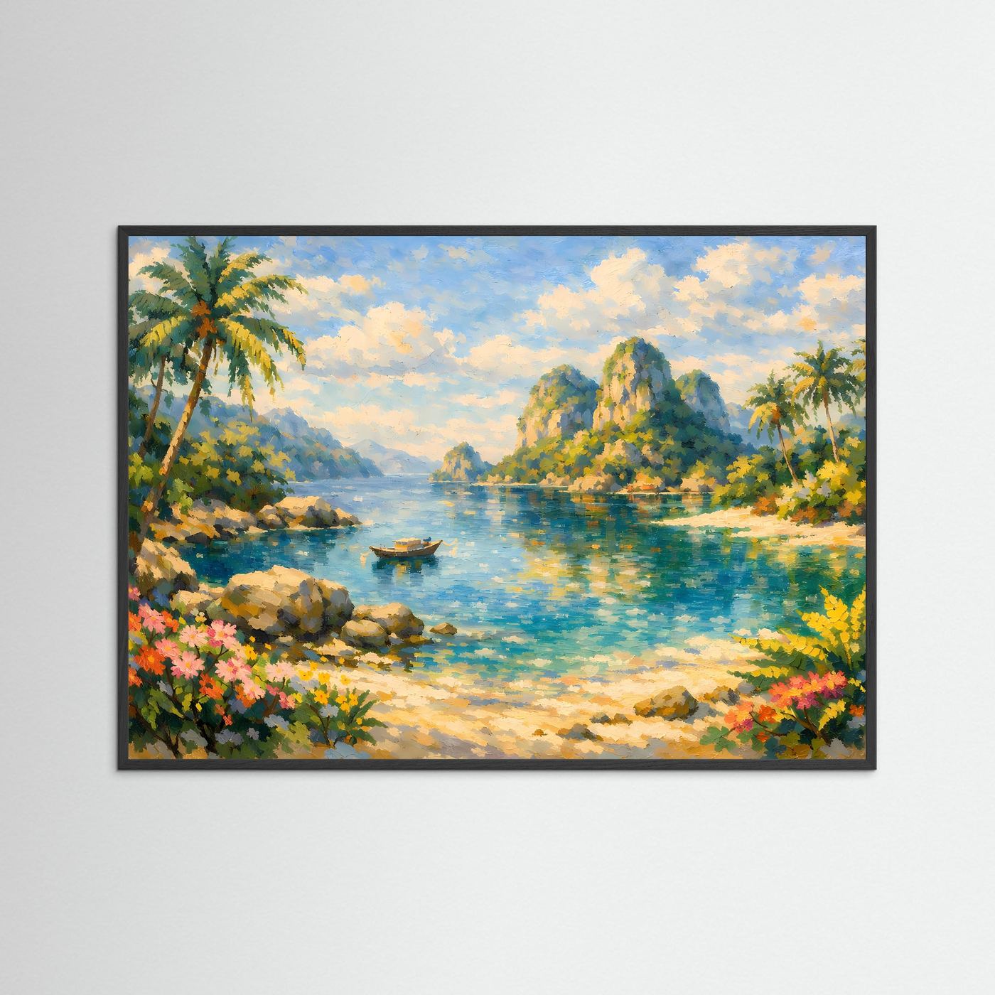Tropische Paradies-Bucht | Ölmalerei Palmen & Strand Poster Querformat