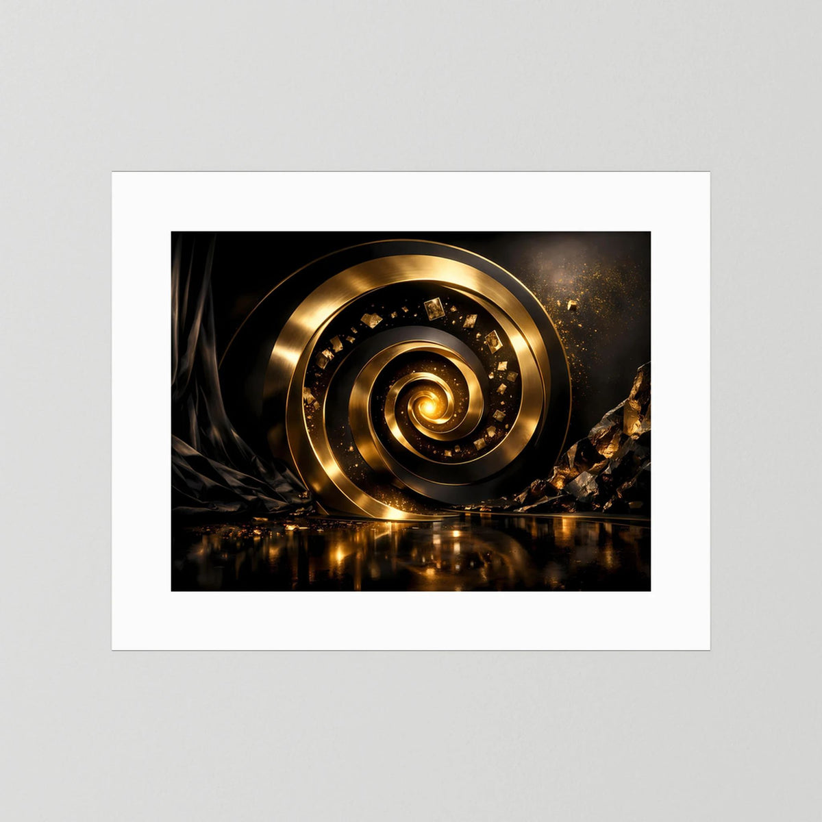 Wandbild im Querformat mit goldener 3D-Spirale, weißem Passepartout und schwarzem Motiv