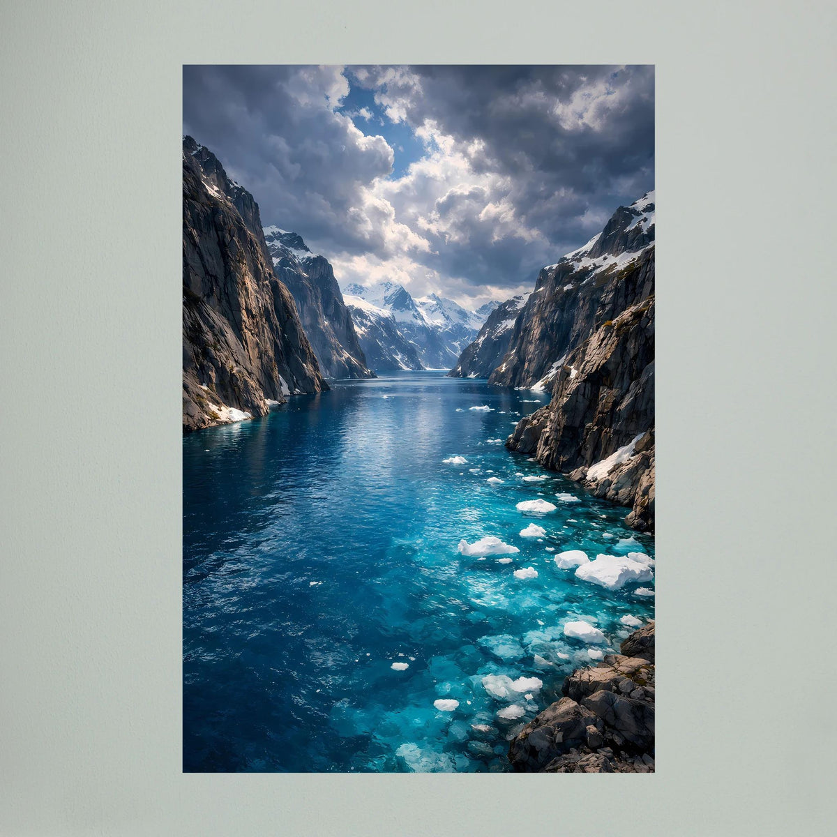 Fjord-Poster im Hochformat: klares türkisblaues Wasser, weiße Eisstücke entlang der Bucht