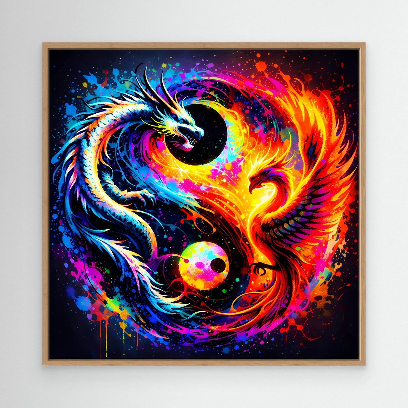 Leinwandbild mit Drache-und-Phönix-Yin-Yang-Motiv, bunt, mit hellem Holzrahmen