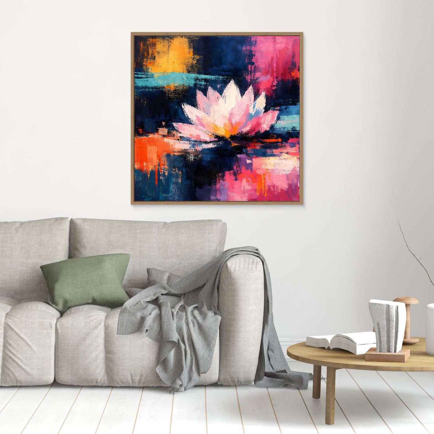 Kleines abstraktes Lotus-Leinwandbild mit leuchtender Blüte, orange-blau-pink, brauner Rahmen