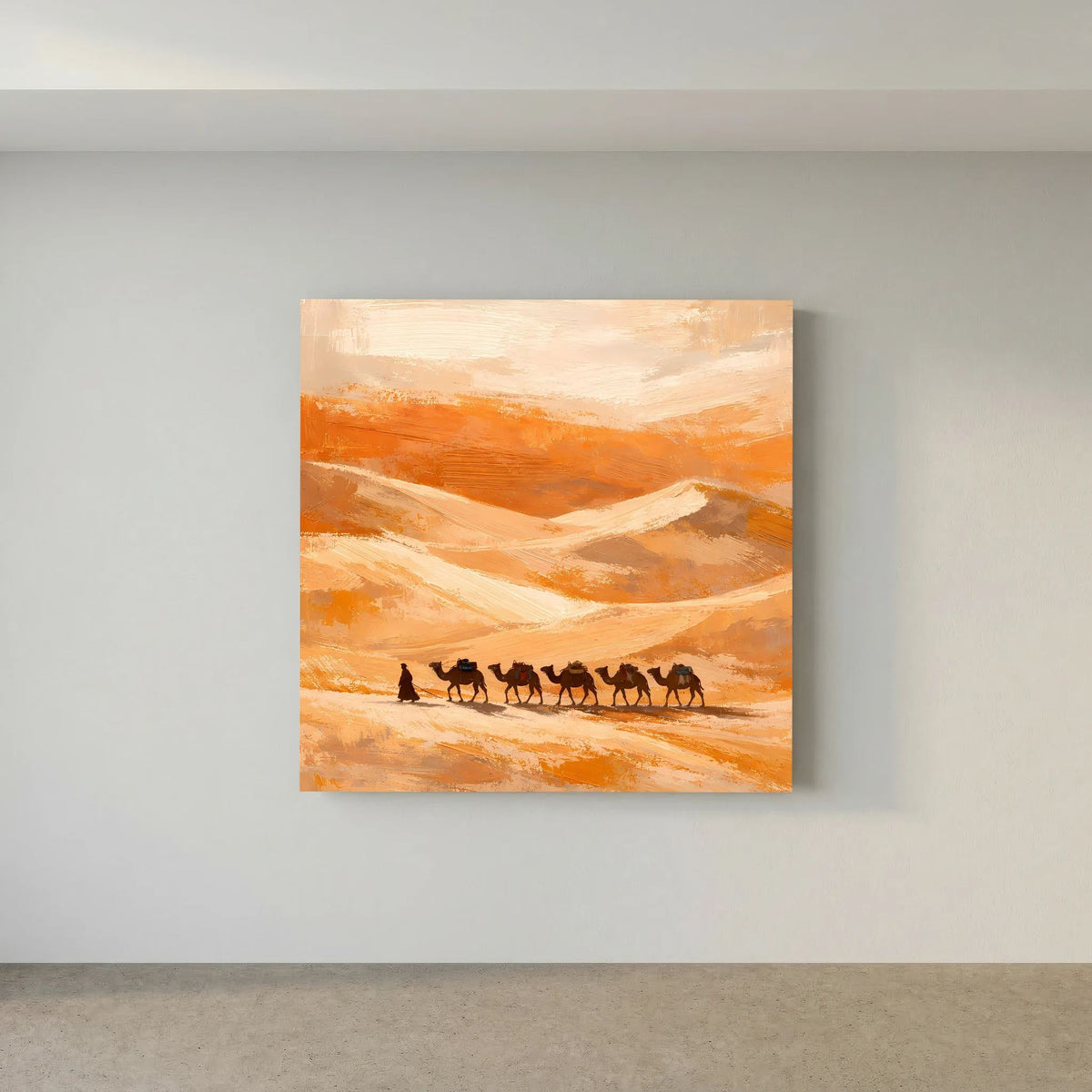 Leinwandbild mit Kamelkarawane entlang von Dünen, Orange-Beige, Holzrahmen