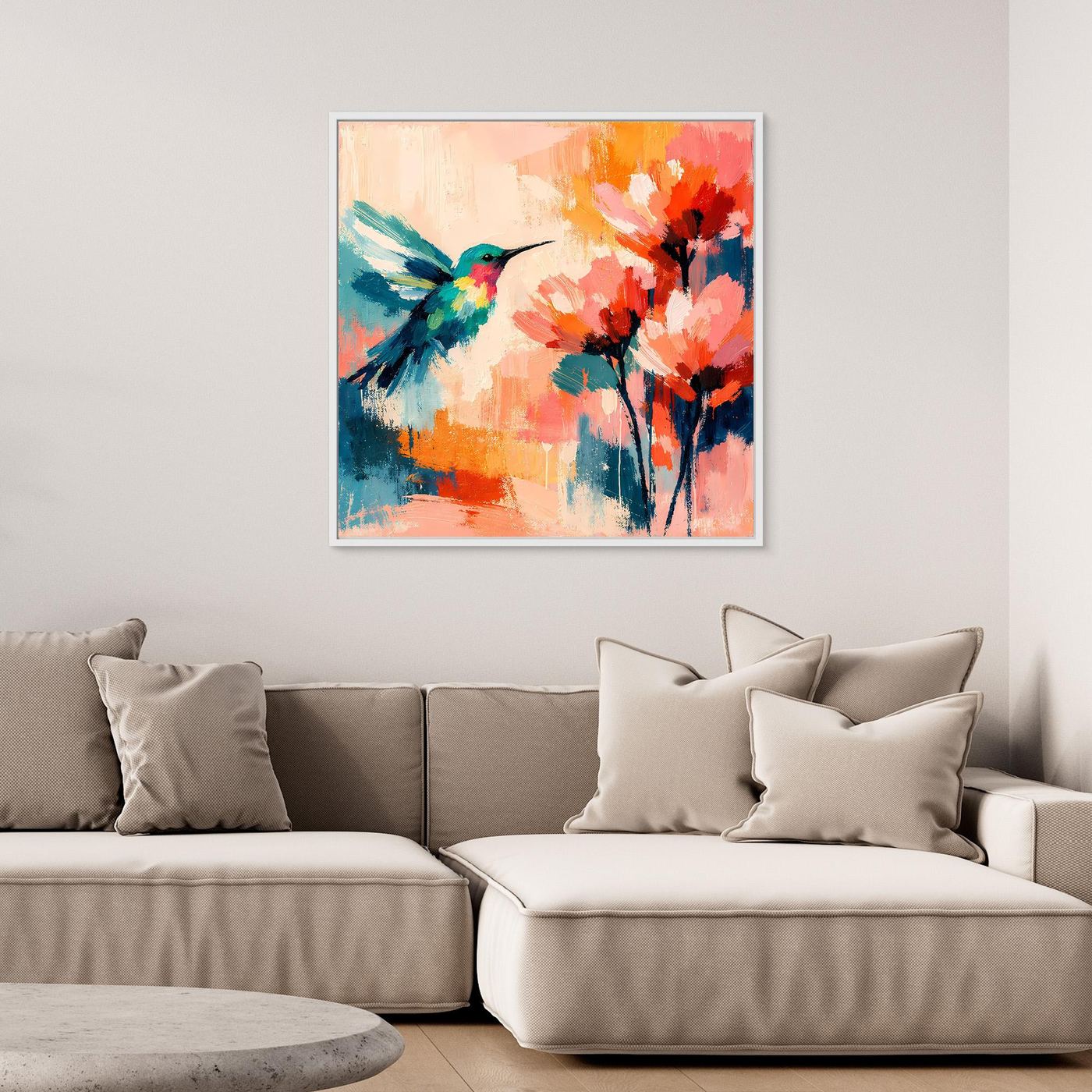 Abstract hummingbird canvas wall art with colorful flower blooms in white frame