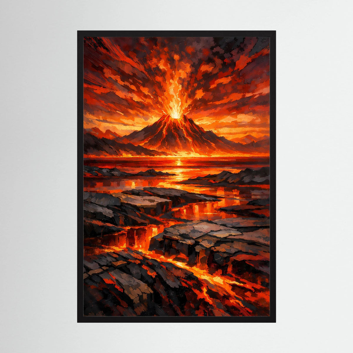 Hochformat-Poster mit schwarzem Rahmen: glühender Vulkan, Lavaflüsse und Flammenhimmel