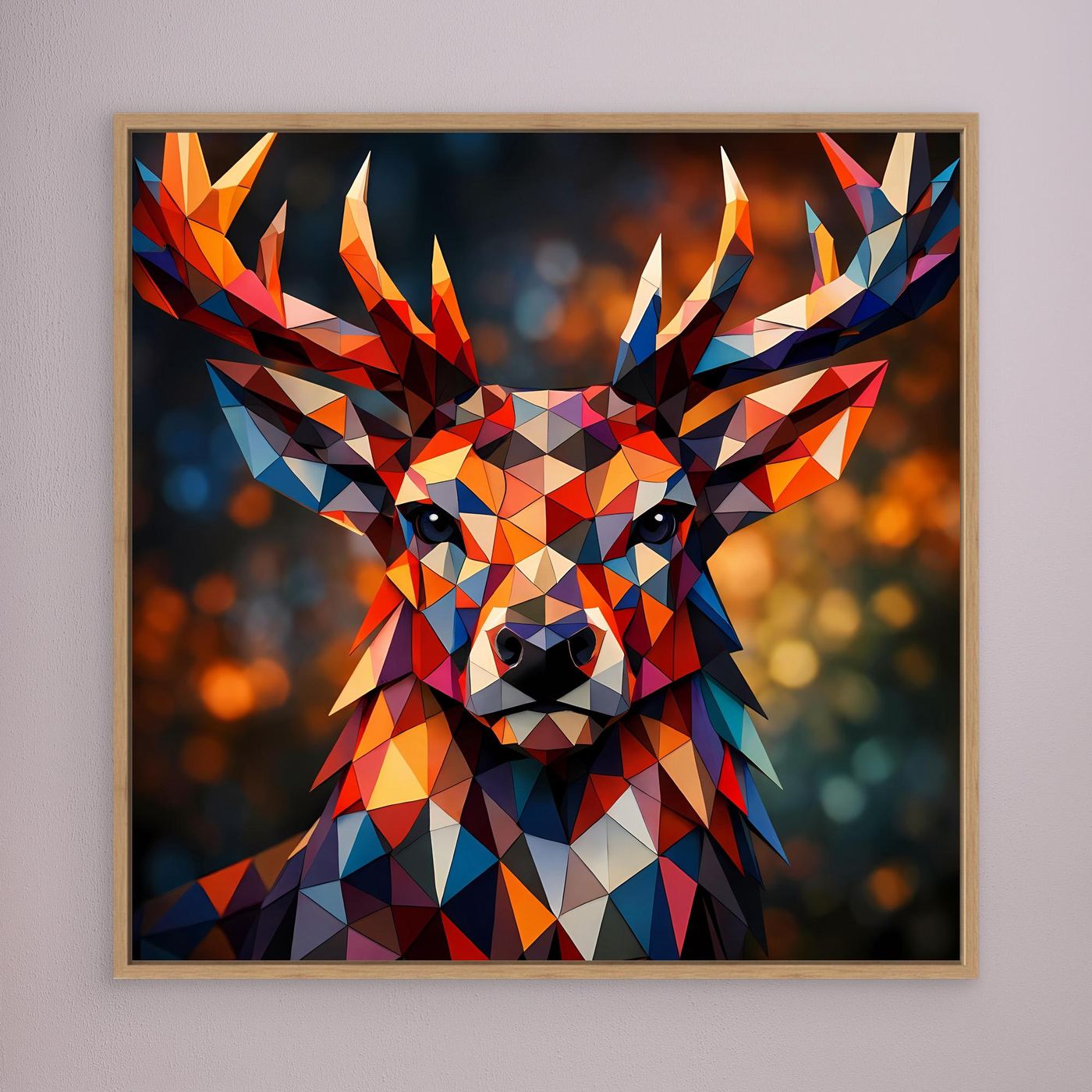 Gerahmtes Leinwandbild: geometrischer Hirsch in buntem Polygon-Stil, hellbraun gerahmt