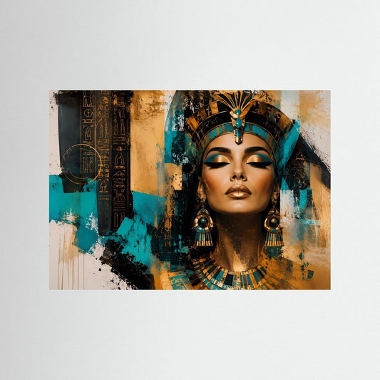 Ägyptische Königin-Wandbild: Pharaonin-Porträt in Gold & Türkis, Schmuckheaddress