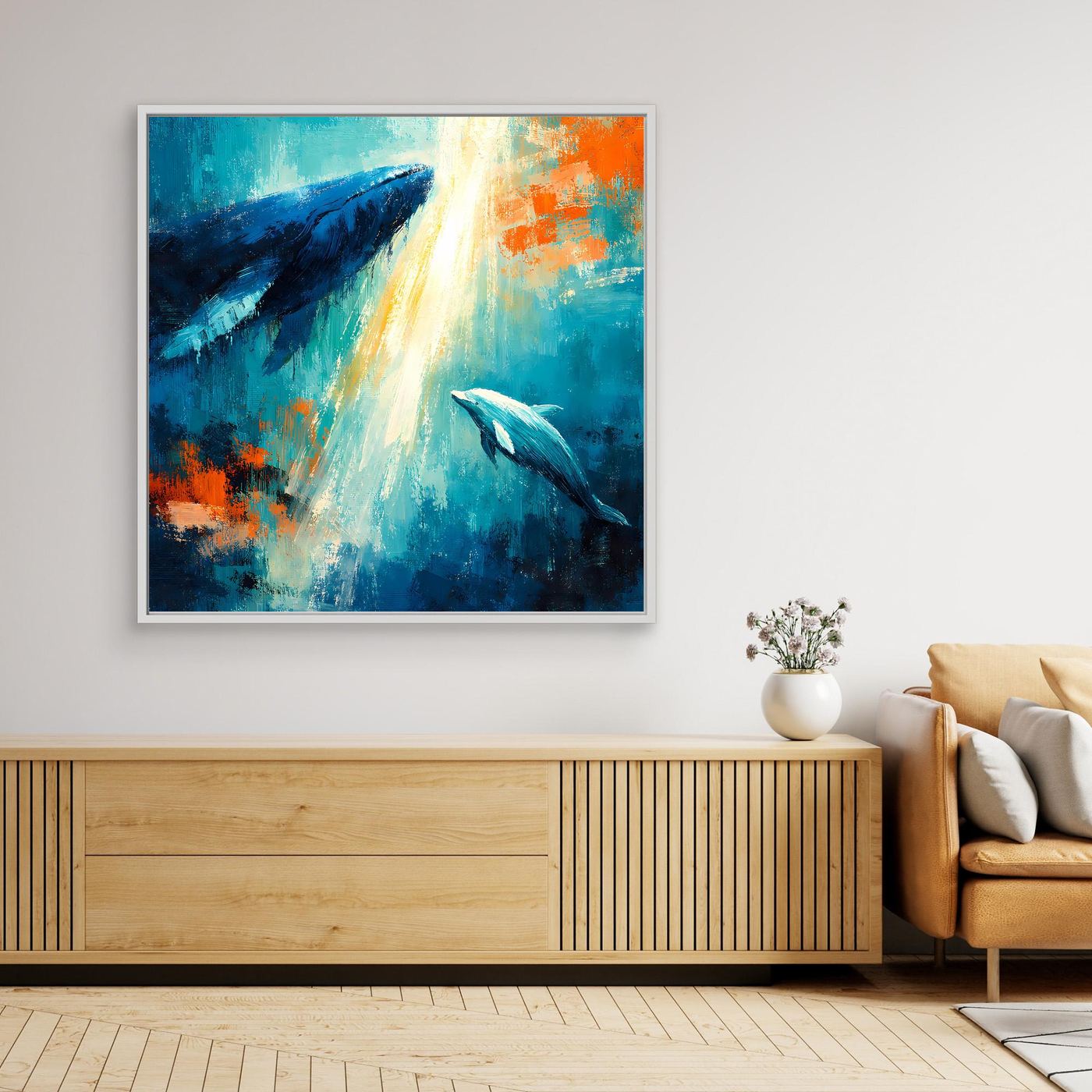 Leinwand Majestätischer Wal und Delfin im Lichtstrahl | Abstraktes Meeres Wandbild