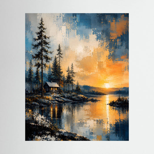 Natur-Poster mit Waldlandschaft, Hütte am See und orangefarbenem Sonnenuntergang
