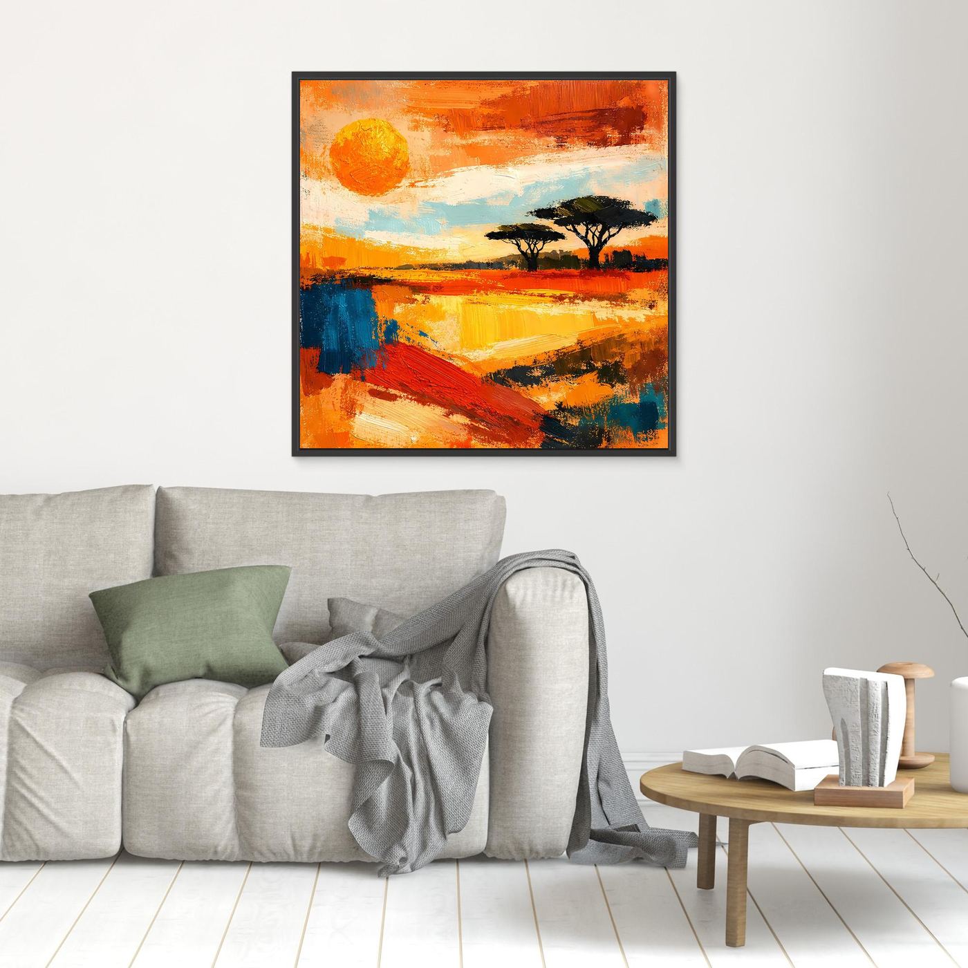 Small abstract savanna sunset canvas wall art with dark border frame and silhouetted tree.