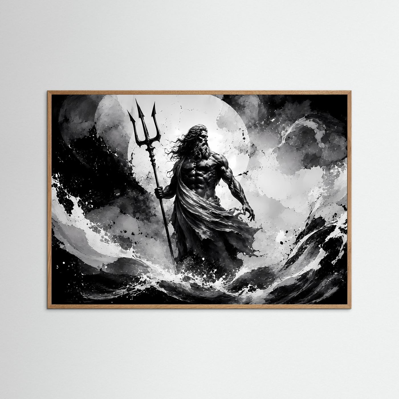 Poseidon Schwarz Weiß Wandbild | Griechische Mythologie Poster | Gott des Meeres mit Dreizack | Monochrome Fantasy Kunst | Moderne Leinwand