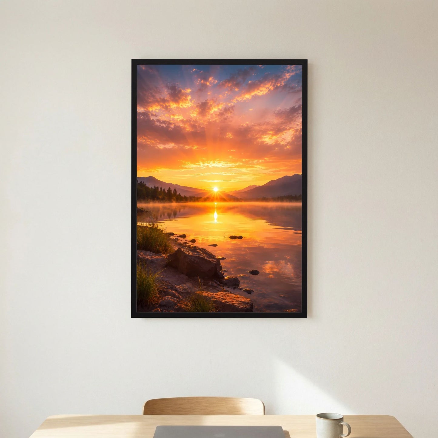 Hochformat-Poster Sonnenuntergang am Bergsee im schwarzen Rahmen