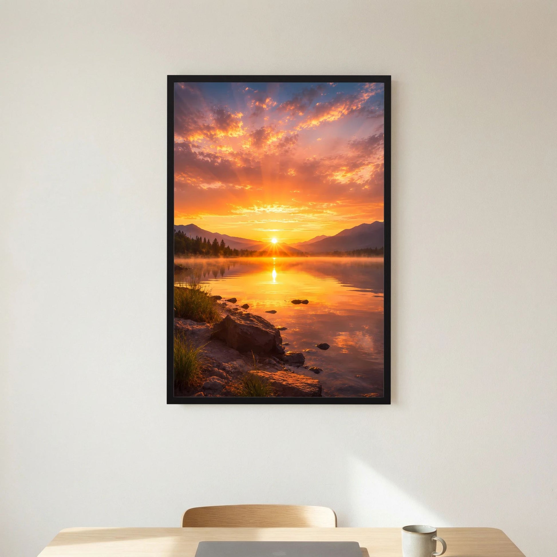 Hochformat-Poster Sonnenuntergang am Bergsee im schwarzen Rahmen