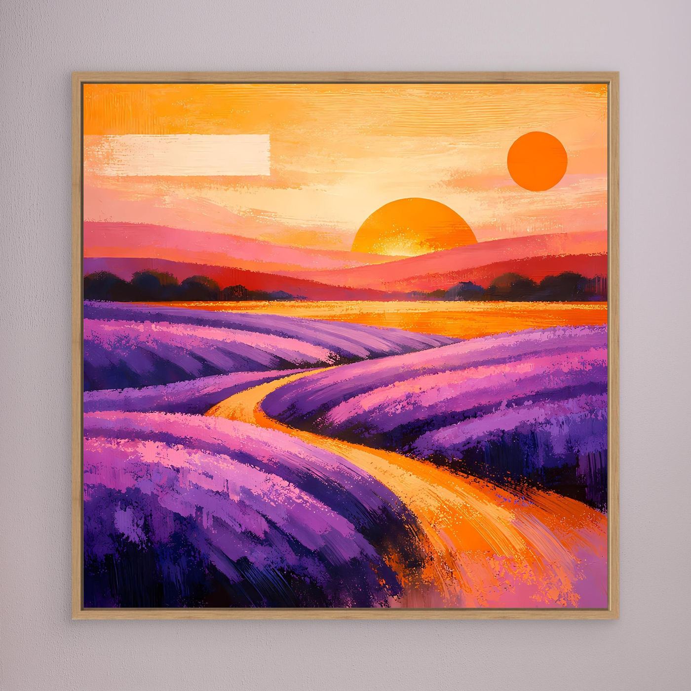 Leinwandbild mit Lavendelfeld-Illustration, braun gerahmt; violette Felder und Sonnenmotiv