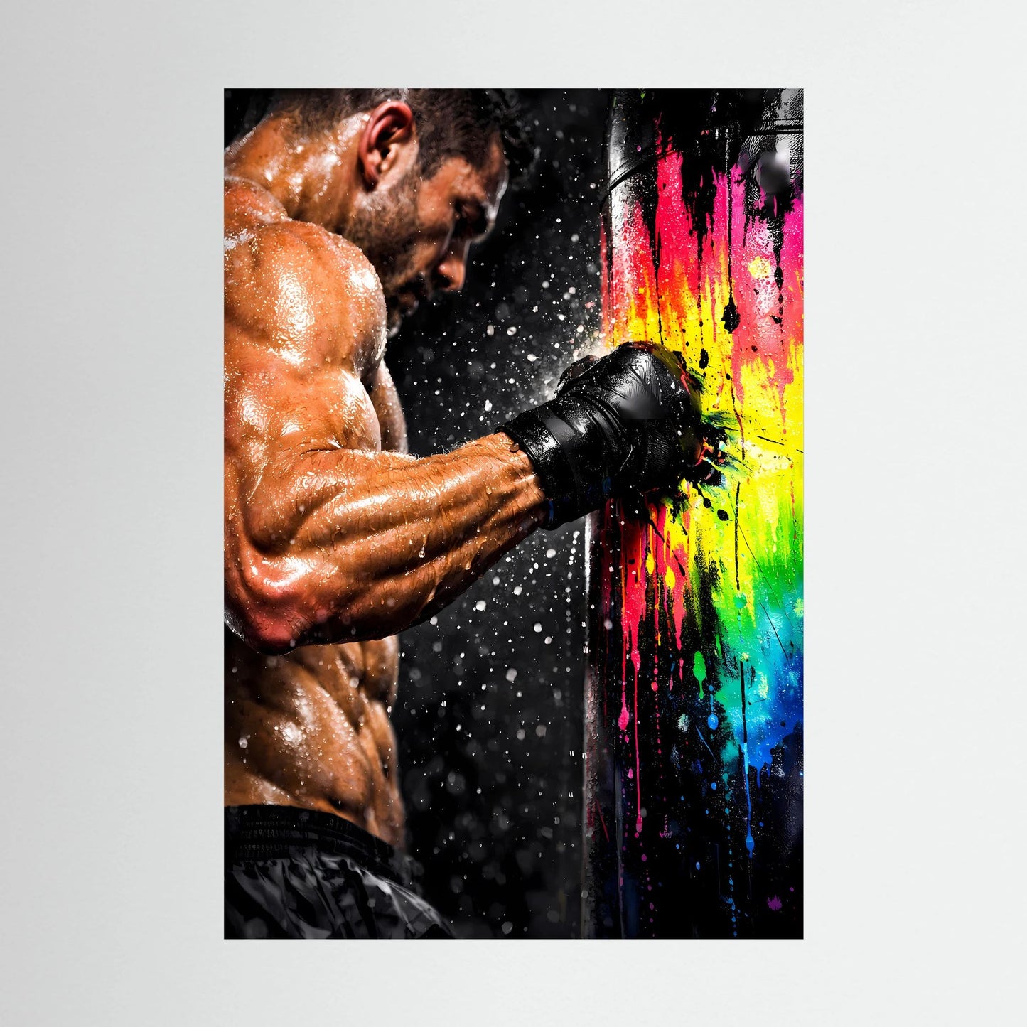 Hochformatiges Poster: trainierender Boxer schlägt mit schwarzem Handschuh, bunte Spritzfarben im Bild