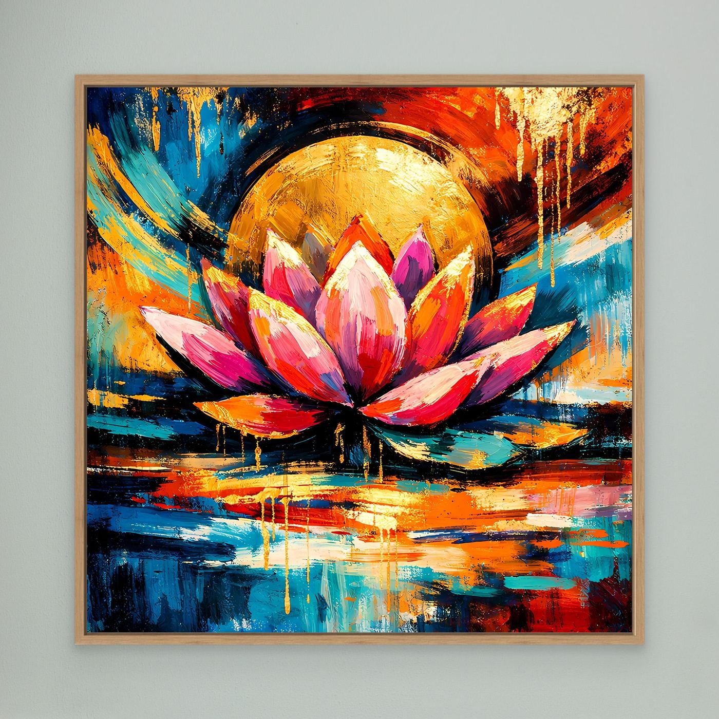 Leinwandbild mit abstrakter Lotusblüte, goldenem Halbmond und bunten Pinselstrichen, Eiche-Rahmen