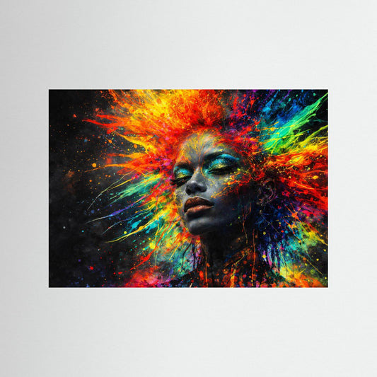 Neon-Pop-Art Poster mit abstraktem Frauenporträt und Farbschweif, Querformat, schwarzer Rahmen