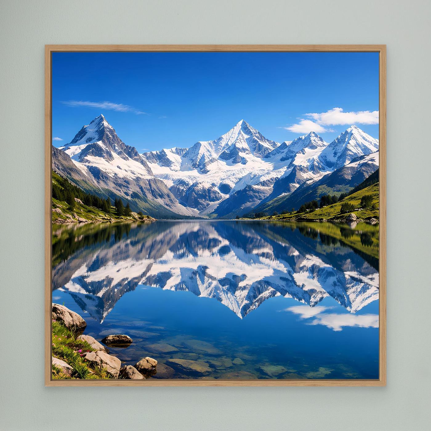 Leinwandbild mit Bergsee und Alpen, Spiegelung im Wasser, Eichenrahmen