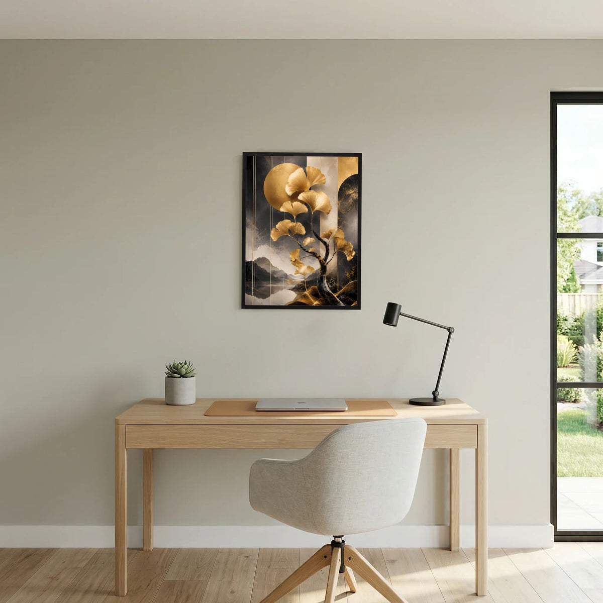 Hochformat-Poster mit goldenem Ginkgobaum, schwarzem Rahmen über Holzschreibtisch