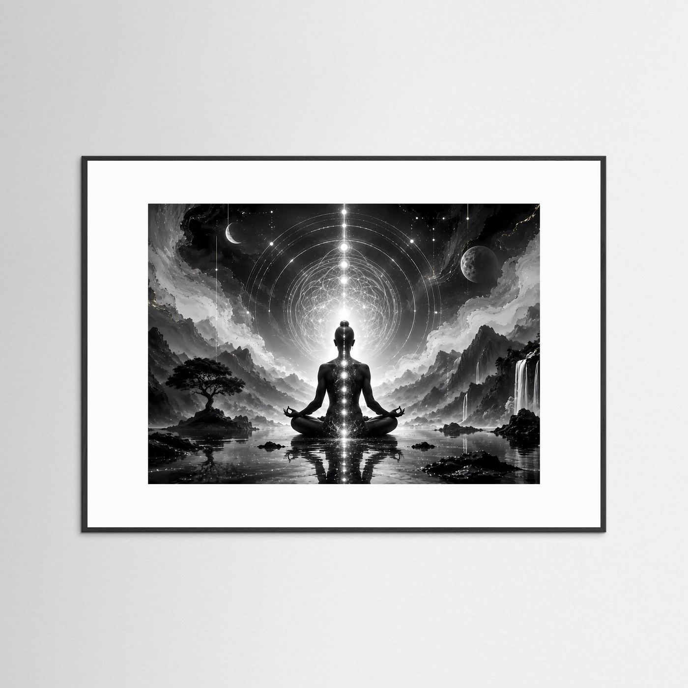Meditation Schwarz Weiß | Spirituelles Wandbild mit Chakren & Heiliger Geometrie