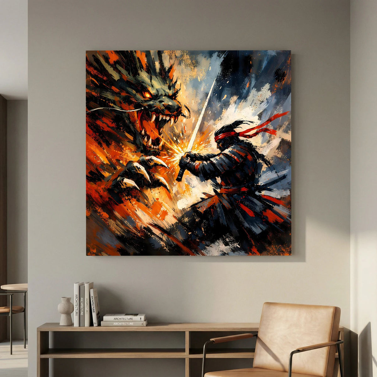 Leinwandbild: Drachenkopf mit Flammen-Glow und Samurai, dynamische Striche in Rot/Blau