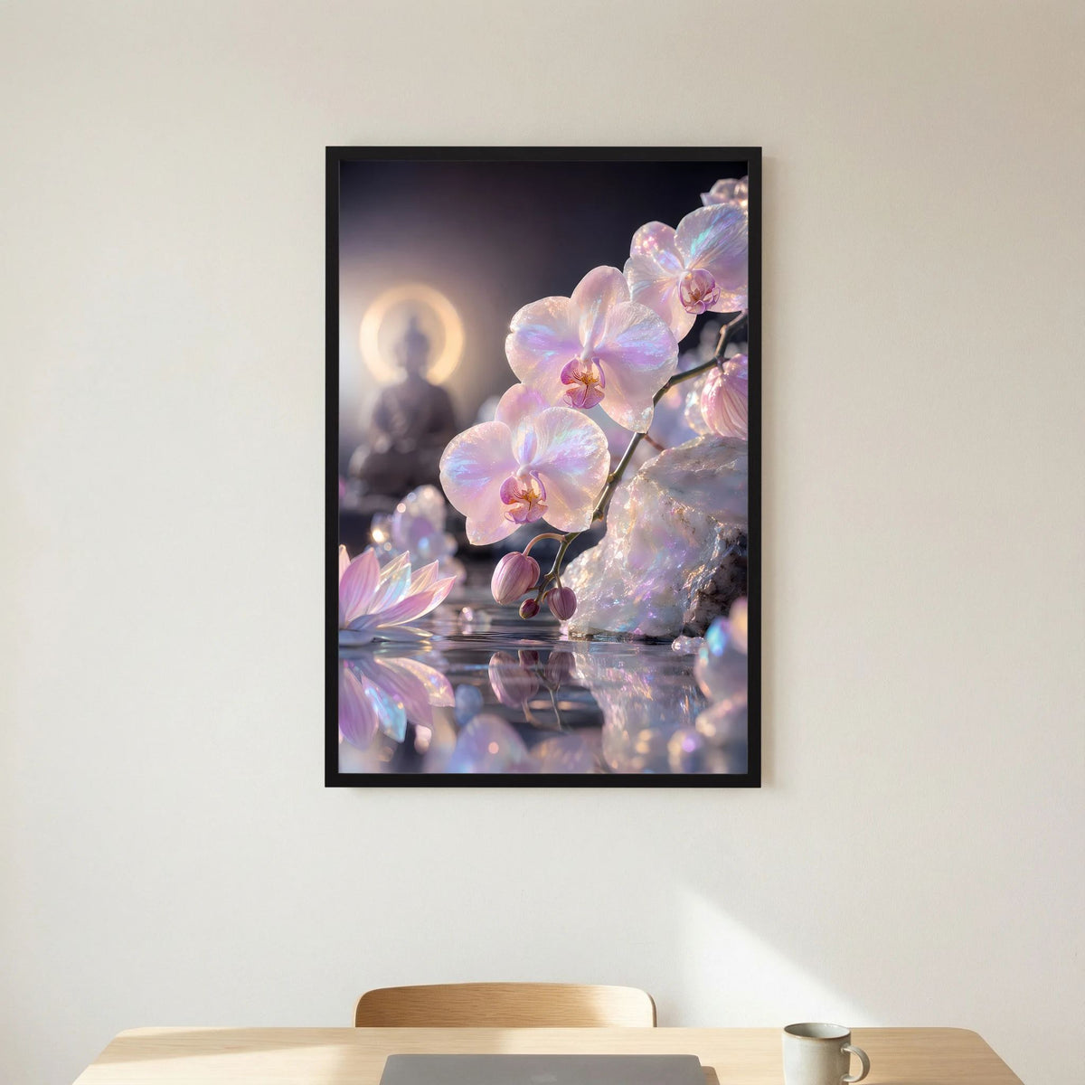 Hochformat-Poster mit Perlmutt-Orchideen, schwarzer Rahmen