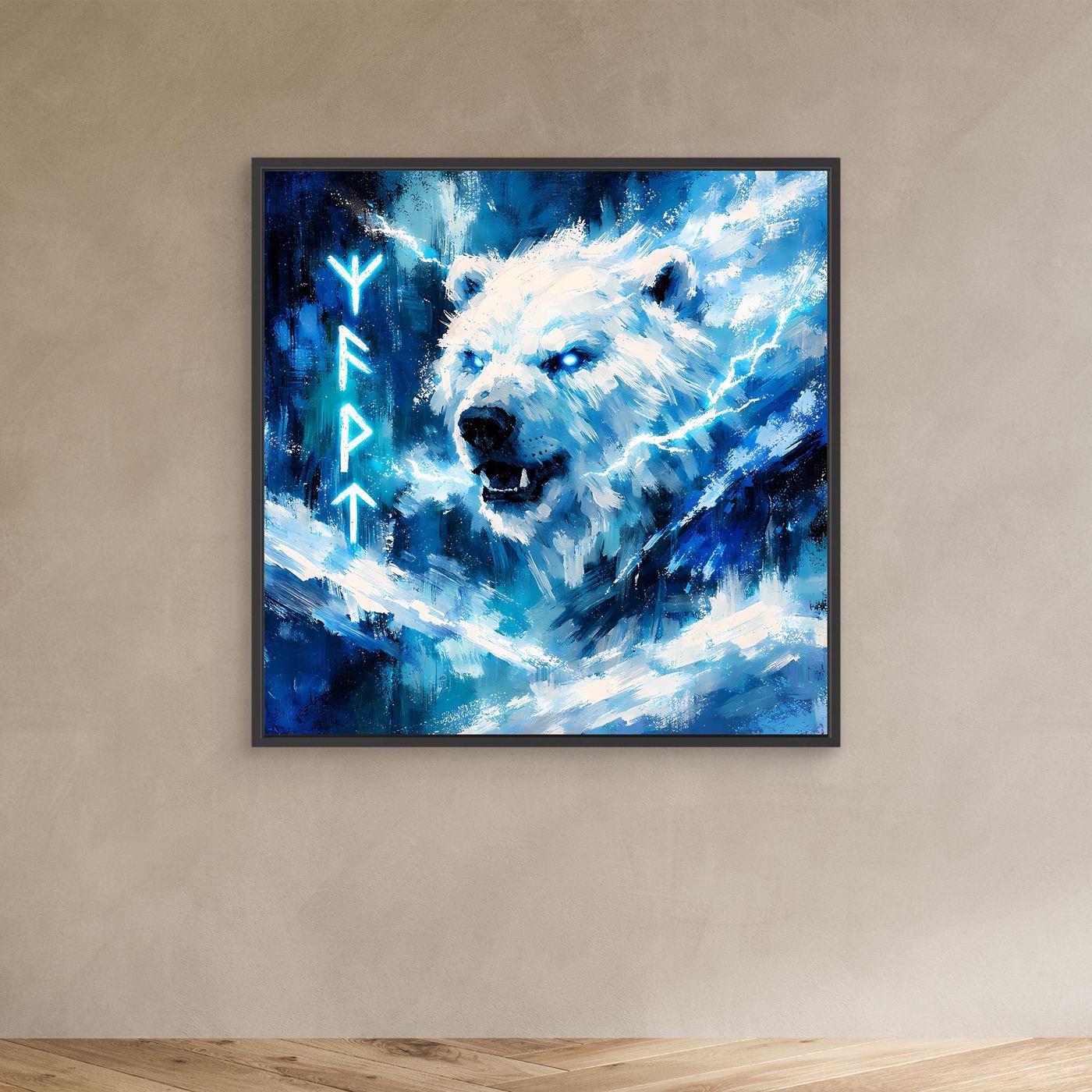Leinwand-Wandbild: Eisbär in Blau mit Runen und Nordlicht; schwarzer Rahmen