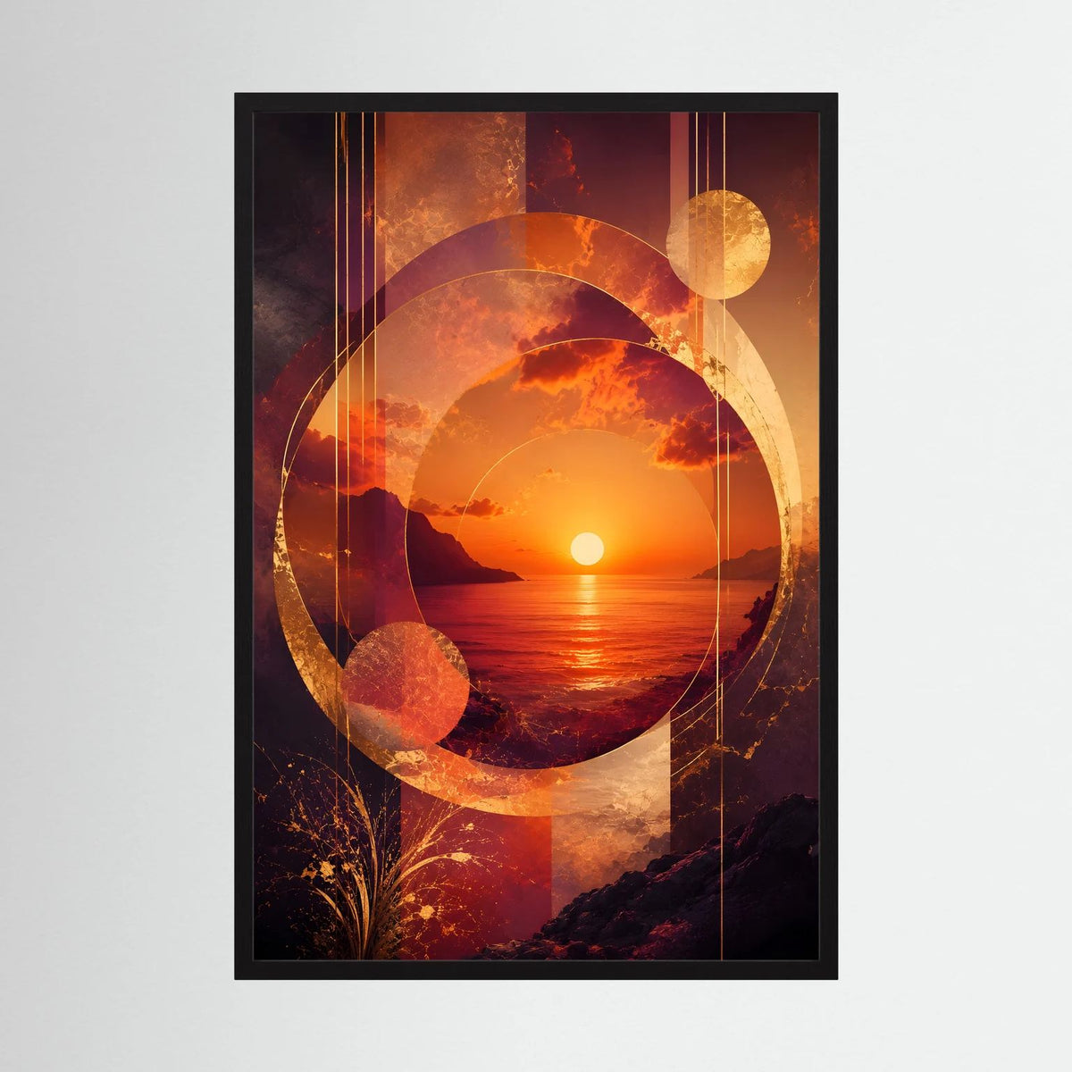 Abstraktes Sonnenuntergangs-Poster mit Kreis- und Liniengrafik über Meer, gold-orange, im dunklen Rahmen
