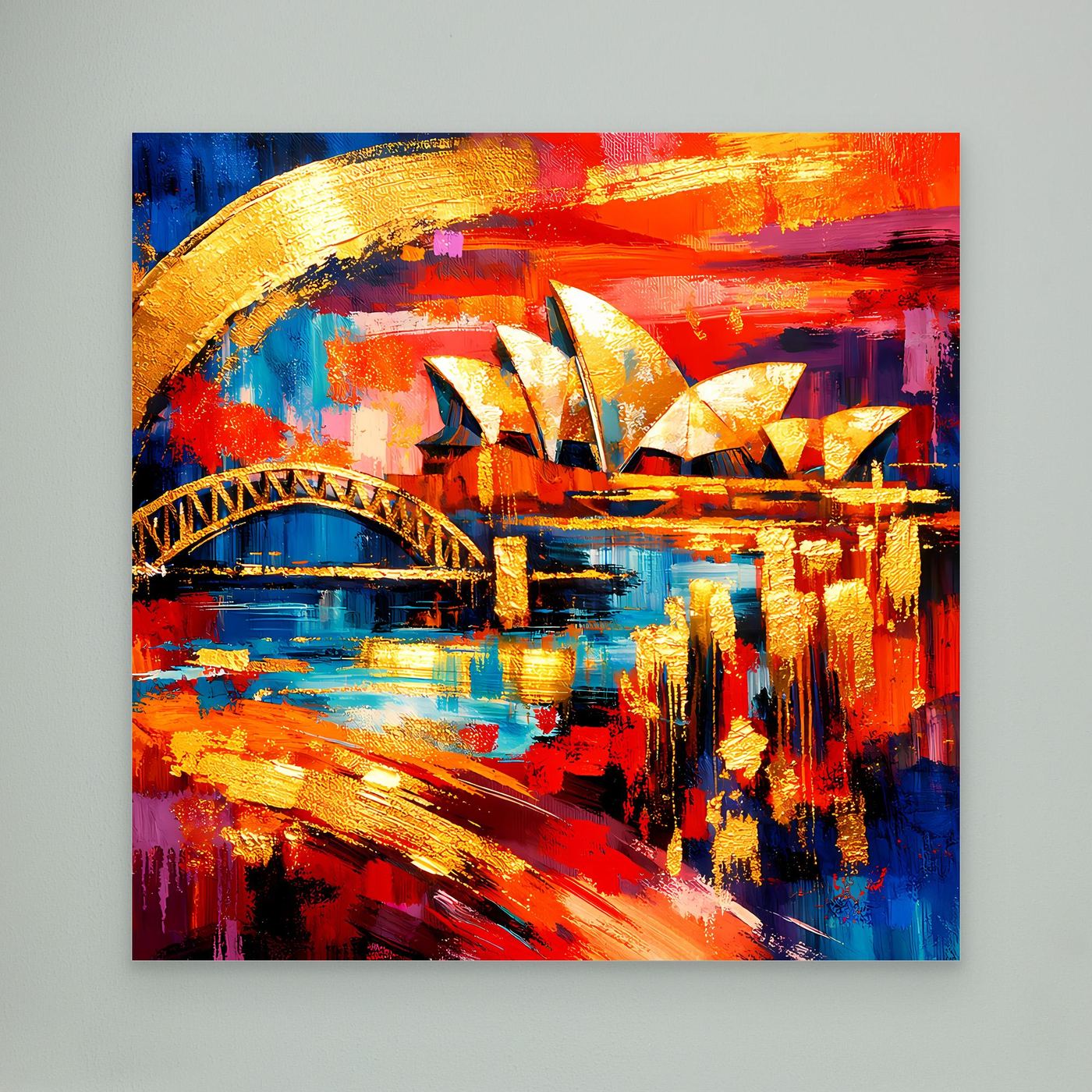 Leinwandbild mit abstrakter Skyline, Harbour-Bridge-Bogen und Opernhaus-Segeln in Blau, Rot, Gold