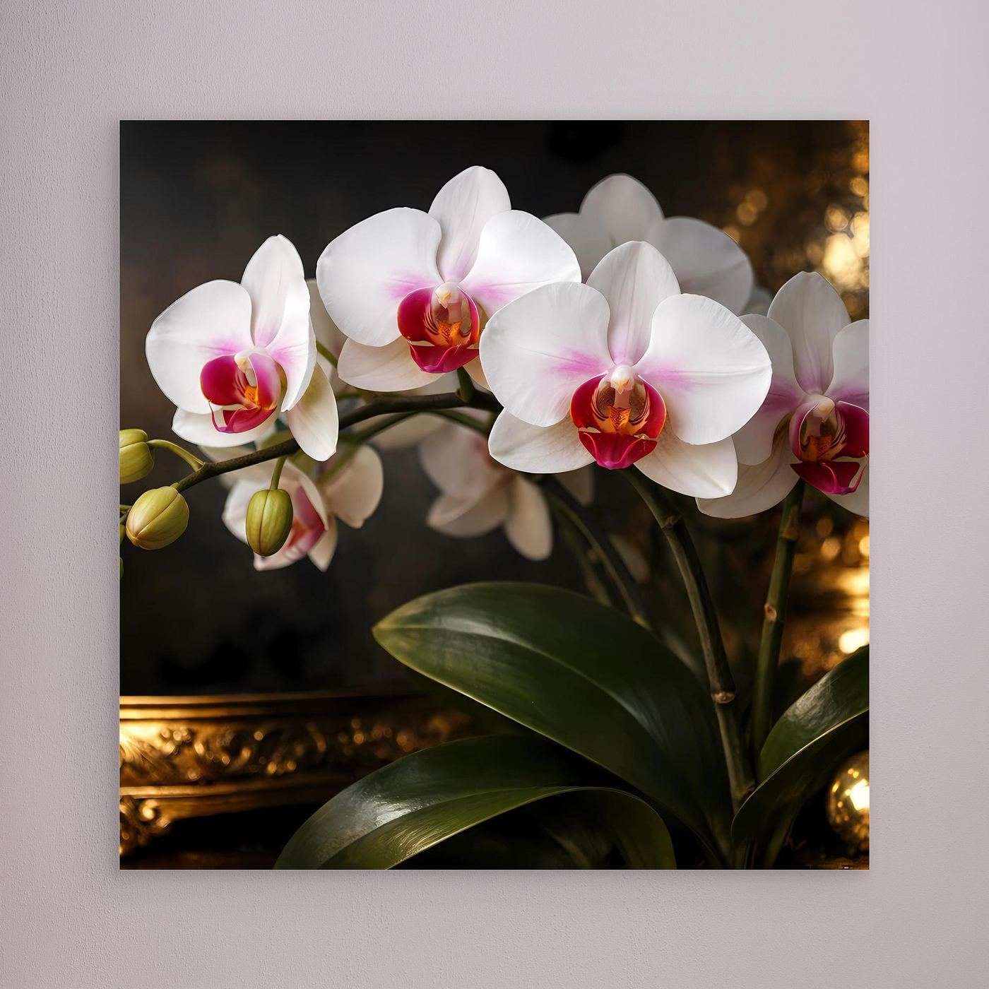 Orchideenblüten-Leinwandbild ohne sichtbaren Rahmen, weiße Blüten und grüne Blätter
