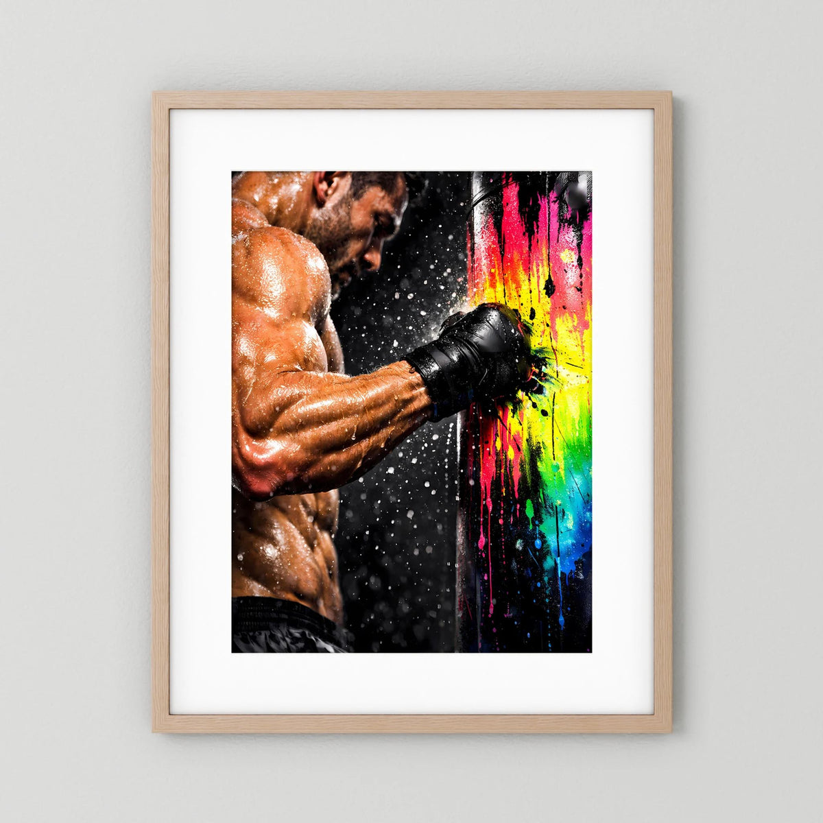 Hochformat-Poster: Boxer mit Boxhandschuhen, heller Holzrahmen und regenbogenfarbige Spritzer