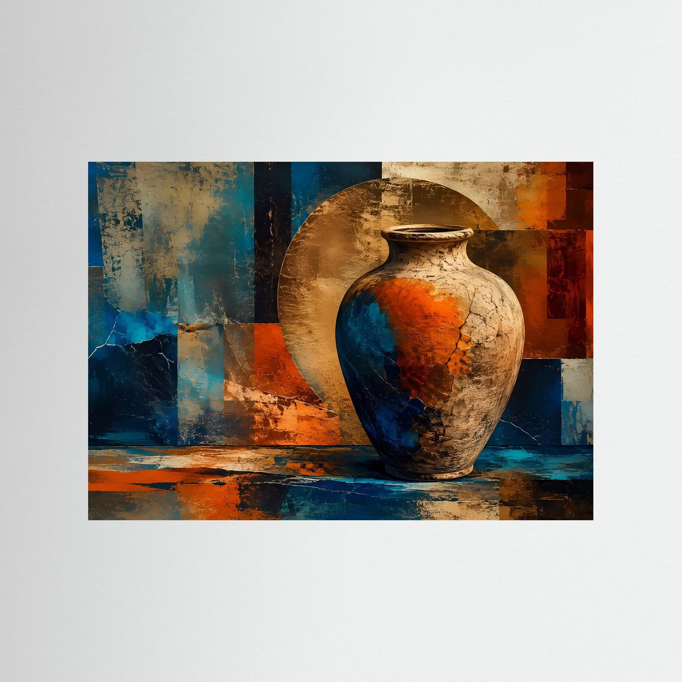 Abstrakte Keramik Vase Poster | Moderne Stillleben Wandkunst | Geometrische Fine Art | Boho Minimalismus | Terrakotta Blau Gold | Premium Wandbild